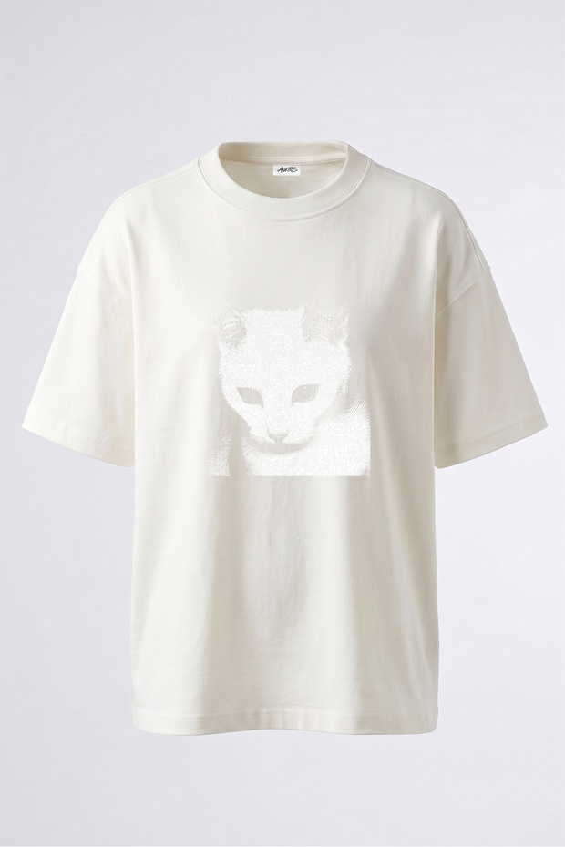 Cat Face Design Back Printed Cotton White Oversize T-Shirt