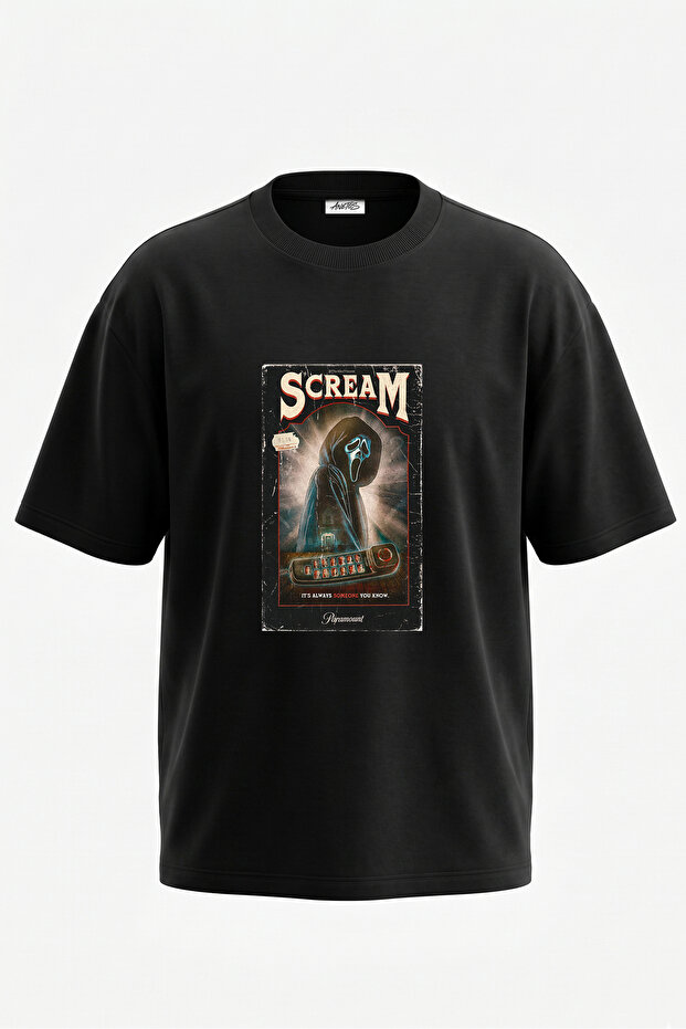 تي شيرت أسود كبير الحجم من القطن بتصميم Scream Ghostface مطبوع على الظهر
