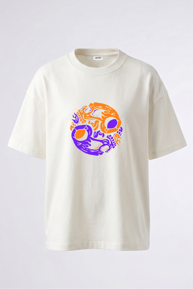 Skull Yin Yang Design Back Printed Cotton White Oversize T-Shirt