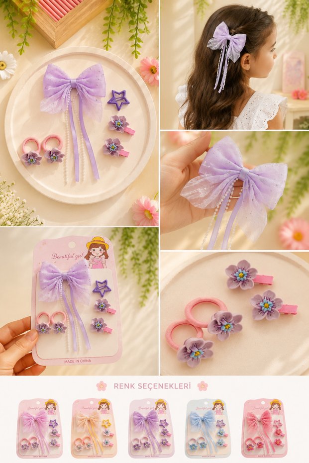 Girl's Bow and Flower Hair Clip Set of 6