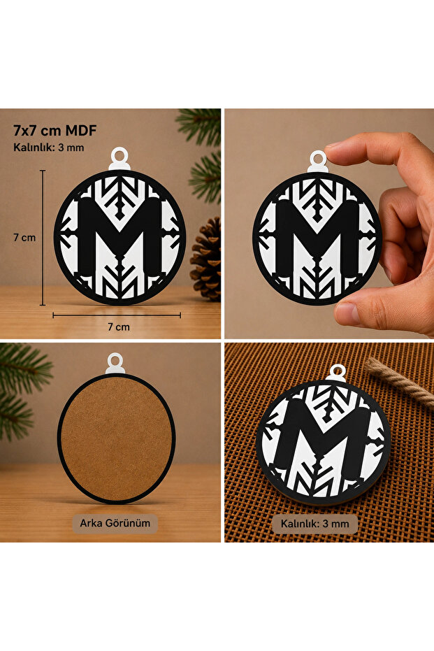 Letter m Christmas Ornament – Mdf Pine Tree Patterned Hanging Decoration (7X7 cm)