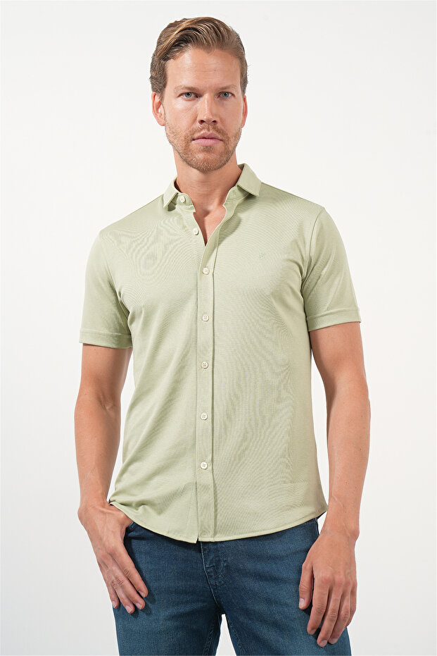 Green Italian Collar Short Sleeve Pocketless Slim Fit Cotton Shirt 1004260158