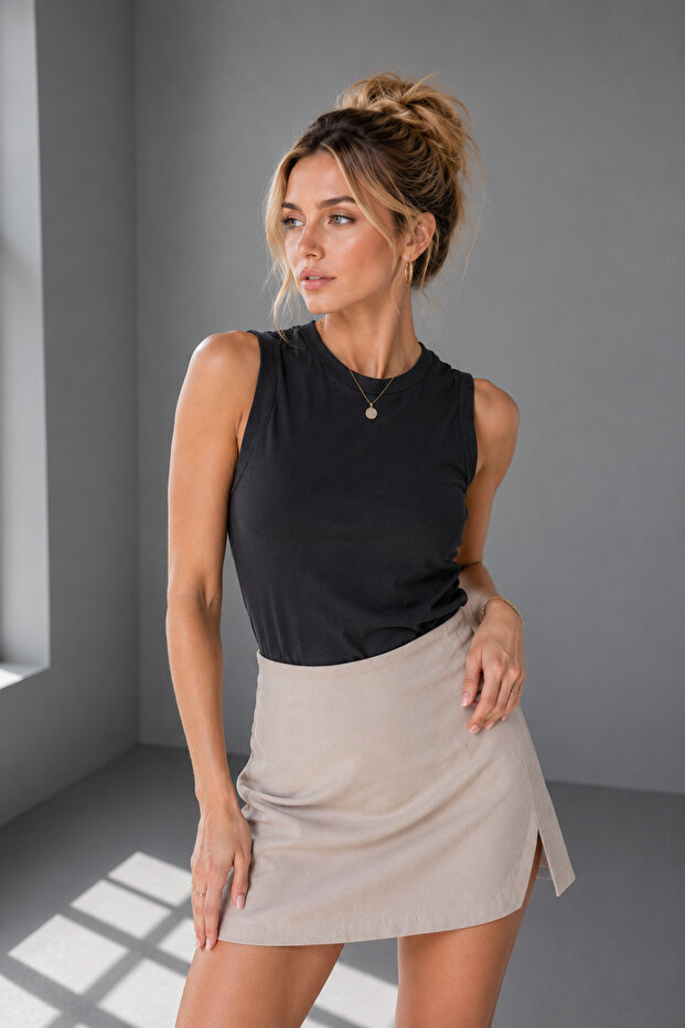 Women's Black Cotton Crew Neck Body-Hugging Zero Sleeve Basic Blouse