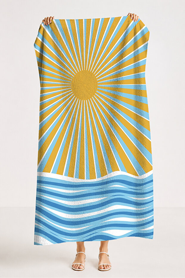 Sun Sea Themed Modern Beach Towel-Marine Yellow Blue Striped Pool Quick Drying Microfiber Towel
