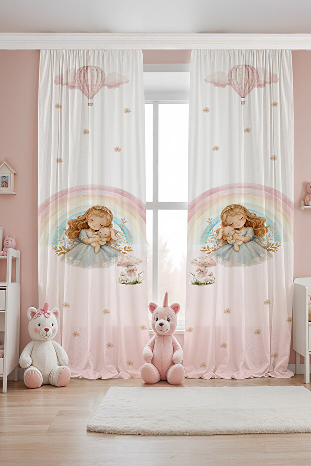 Sleeping Princess and Her Rabbit Patterned Children's Baby Room Background Curtain (Single Panel Pricing)