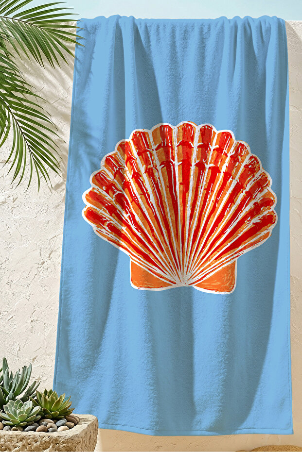 منشفة الشاطئ البحرية من Sea Shell - منشفة من الألياف الدقيقة سريعة الجفاف باللون الأزرق البرتقالي على طراز البحر الأبيض المتوسط