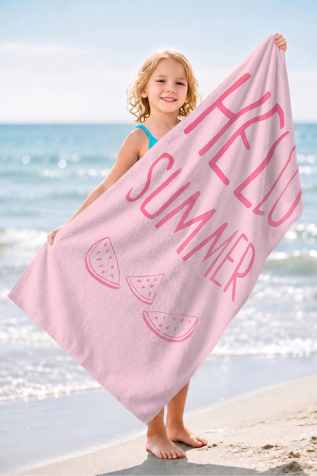 Hello Summer Written Watermelon Themed Pink Beach Towel - Tropical Modern Pastel Bath Beach Coverlet