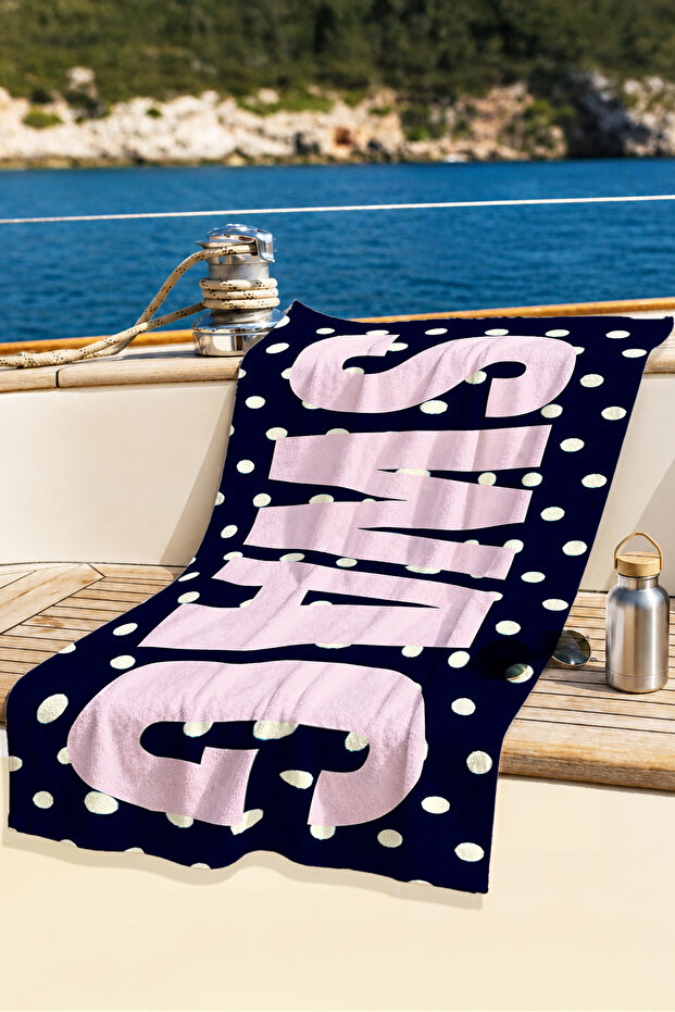 Black Polka Dot Swag Text Themed Beach Towel - Pink Navy Blue Pool Sea Bath Beach Coverlet
