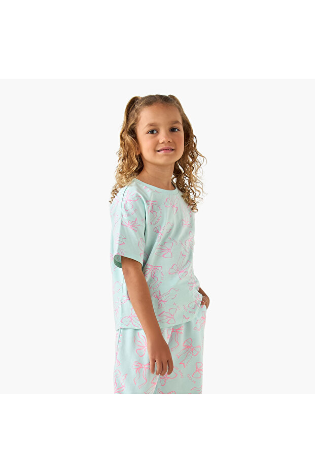 Crew Neck Short Sleeves T-shirt with Bow Print
