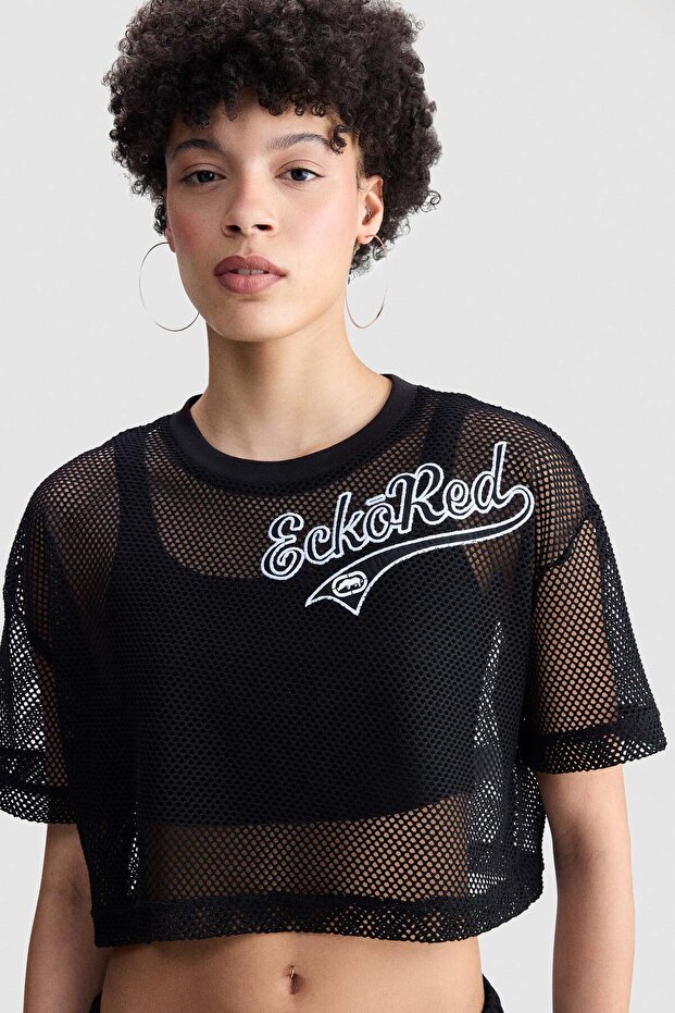 Ecko Red Ariana Loose Fit Crew Neck Printed Embroidered Women's Black Tshirt