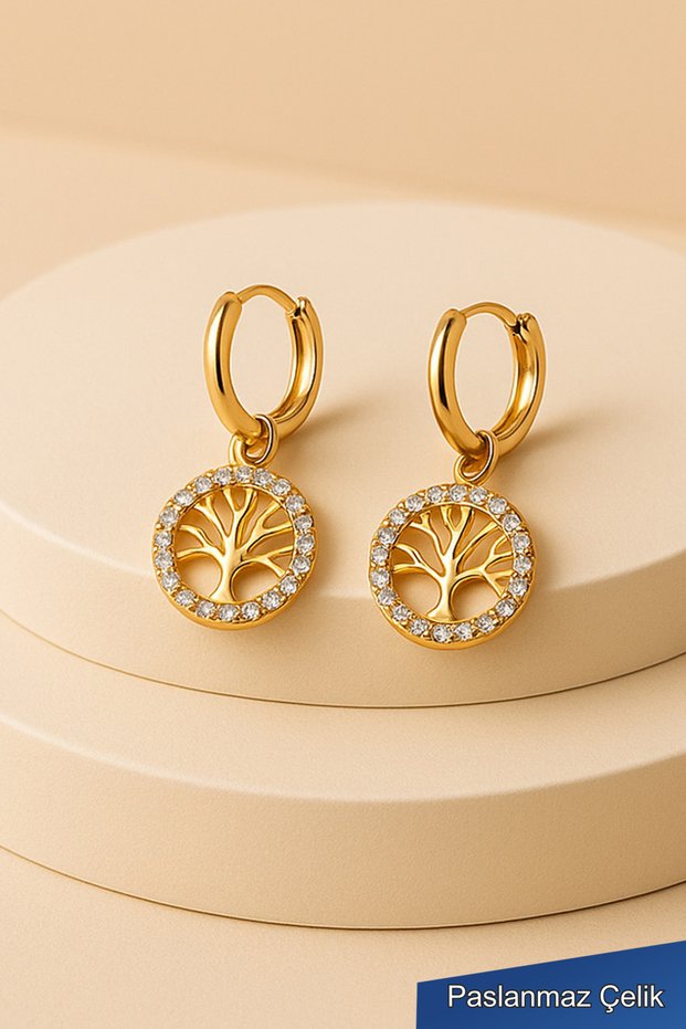 Steel Gold Tree of Life Figured Zircon Stone Hoop Earrings