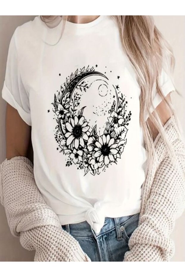 Flower and Moon Pattern Women's T-Shirt