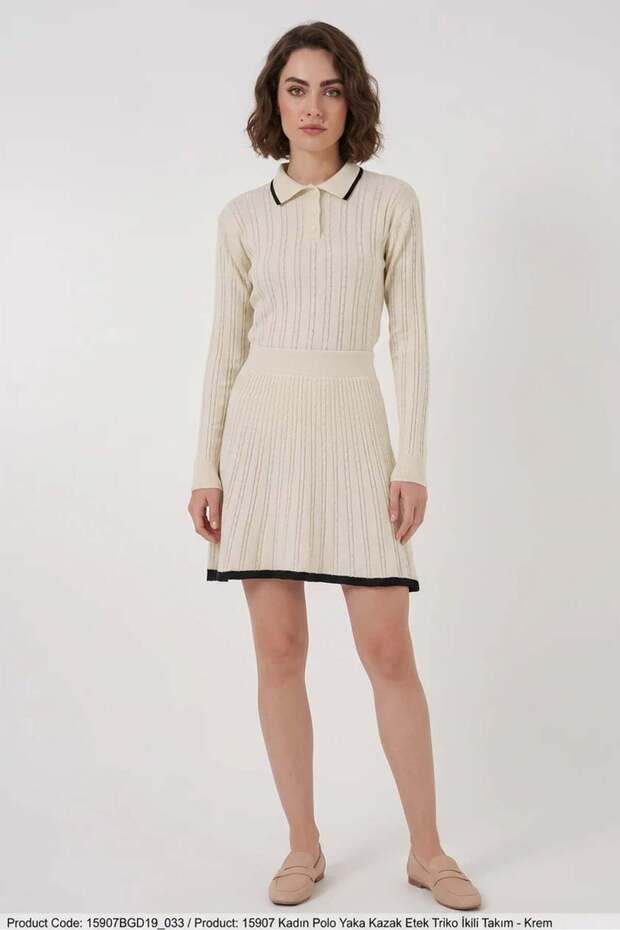 Women's Polo Collar Belted Vertical Striped Pattern Knitwear Cream Double Set