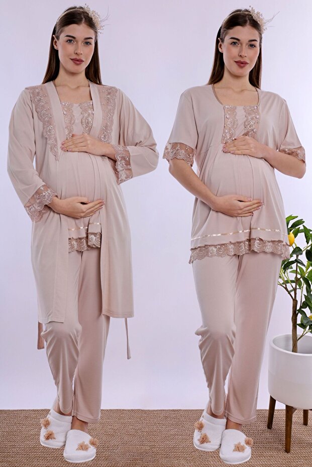 Adjustable Waist Elasticated Maternity Pajama Set with Dressing Gown Effortt - Beige