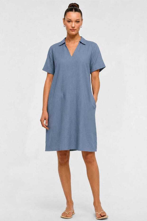 Egyptian Women's Cotton Polo Collar Dress Blue