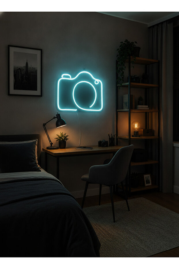Kamera Figürlü LED Neon Tablo | Buz Mavisi Aydınlatmalı Dekor | Fotoğrafçı Hediyesi - 2
