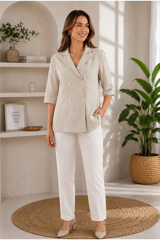 Women's Double-Breasted Collar Oversize Blazer Jacket Ecru