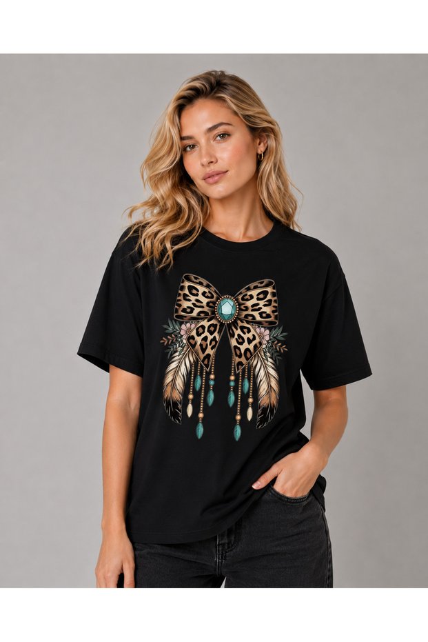 Leopard Patterned Bow Printed Women's Regular T-Shirt