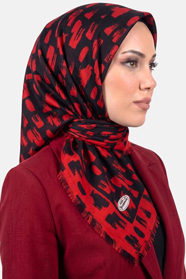 وشاح نسائي من قماش التيمبليه المزخرف باللونين الأحمر والأسود
