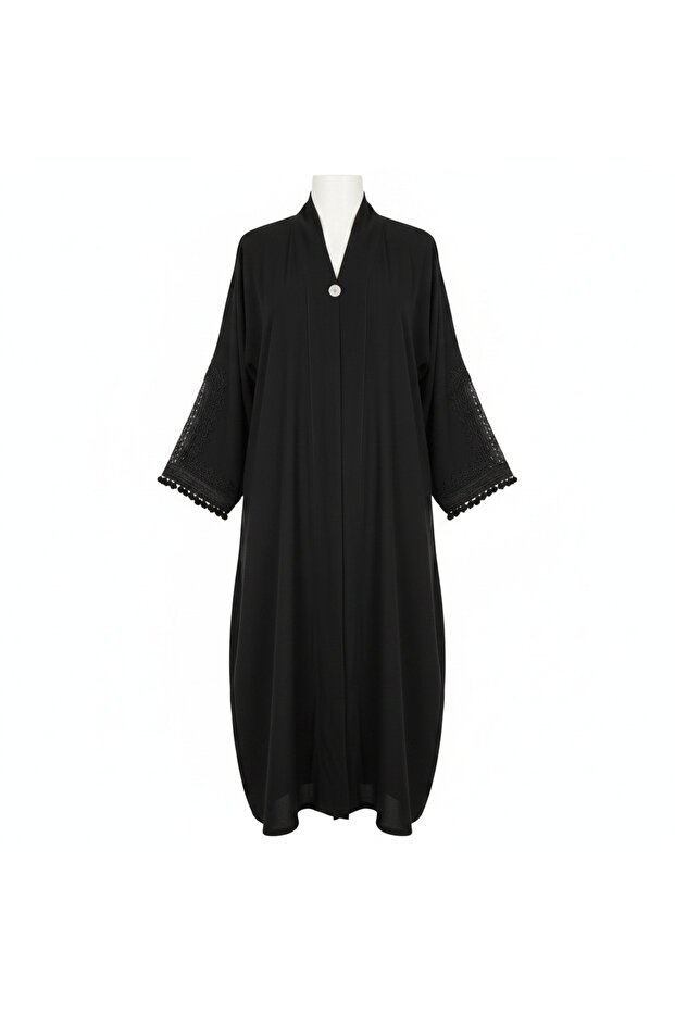 Elegant Black Embroidered Open Front Abaya