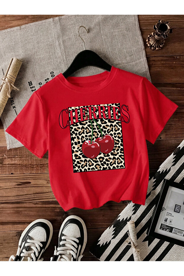 Cherries - Cherry Leopard Patterned Printed Girl's T-Shirt