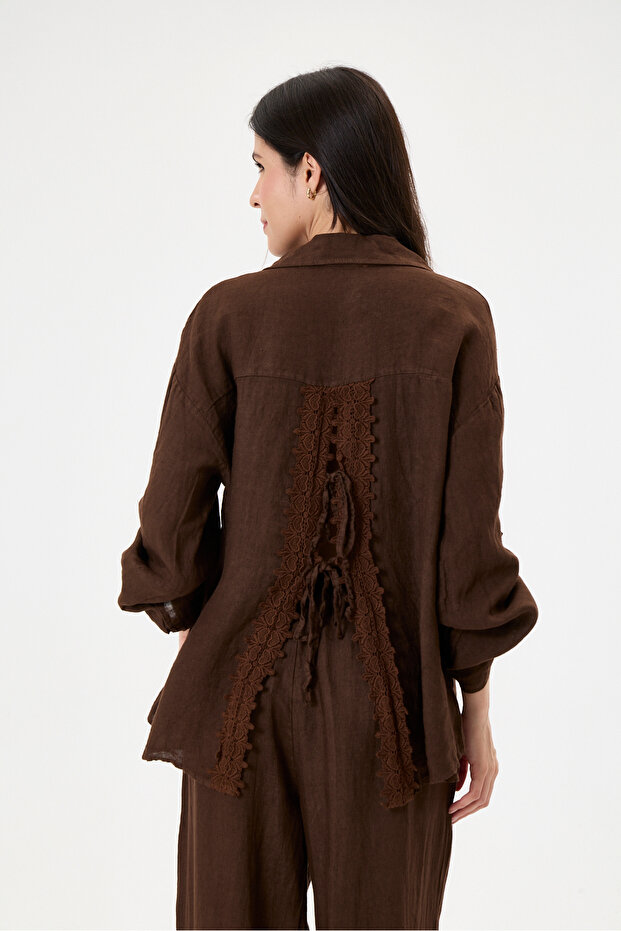 Women's Brown Italian 100% Linen Lace Back Low-Cut Bottom Top Linen Set 38 - 44 Size