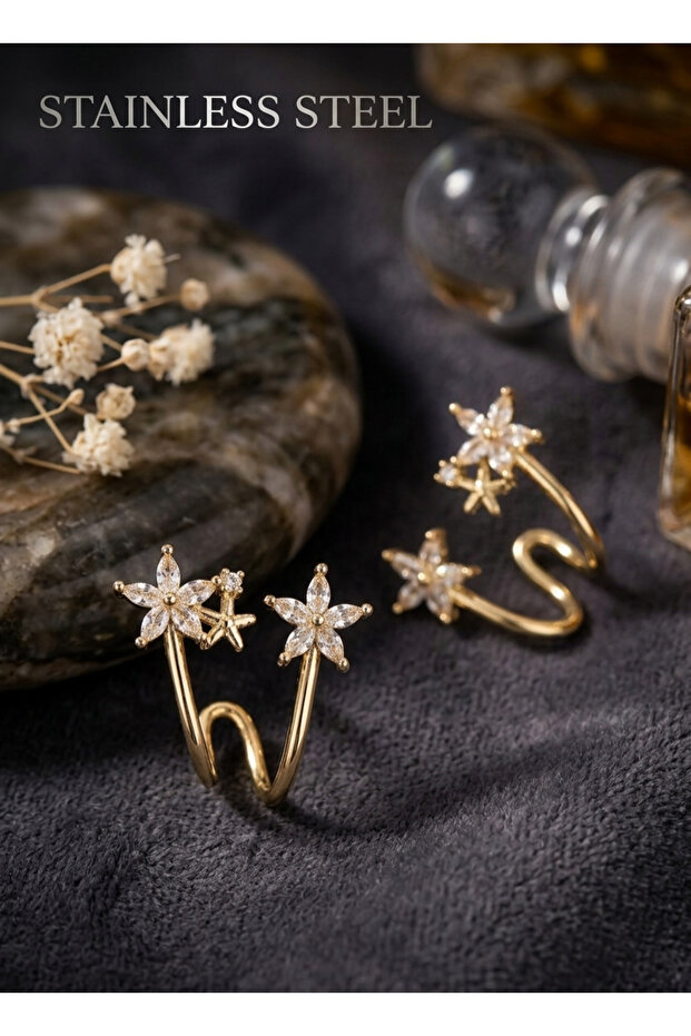 Brass Gold Plated Zircon Stone Flower Model Earrings