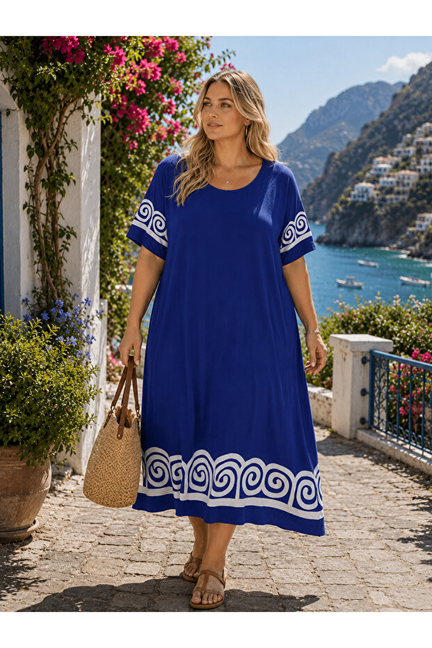 Elegant Sleeve Printed Viscose Skirt Asymmetrical Viscose Short Sleeve Plus Size Dress