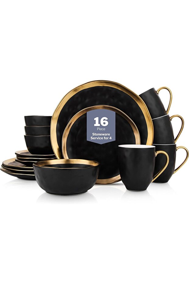 Stone Lain Florian Modern Porcelain 16 Piece Dinnerware Set, Plates and Bowls Set, Dish set for 4, Black And Golden Rim