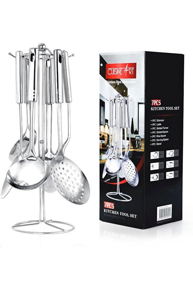 Stainless Steel Kitchen Tools 7-Piece Set, Silver, Multifunctional Stainless Steel Kitchenware with Holder Stand