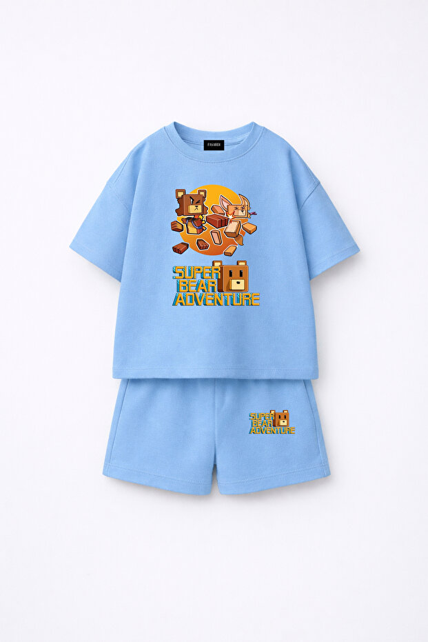 Super Bear Adventure Super Bear Printed Oversize 100% Cotton T-Shirt Shorts 2-Piece Children's Set