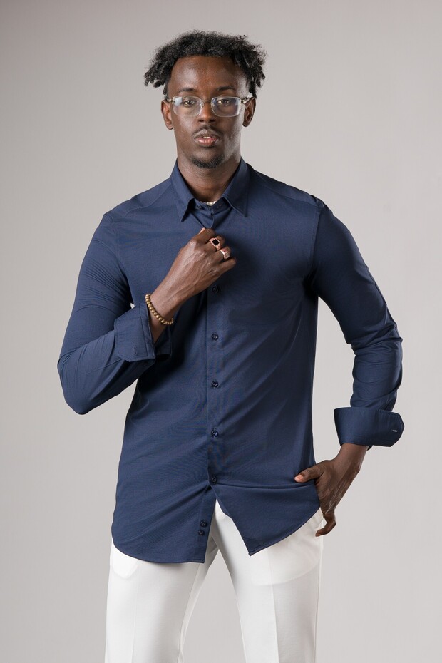 Regular Fit Cotton Hidden Collar Buttoned Stretch Fabric Summer Shirt