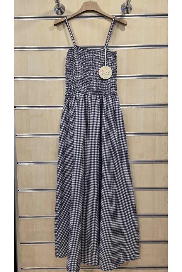 Rochie lungă din bumbac cu bretele și model Gingham - 1