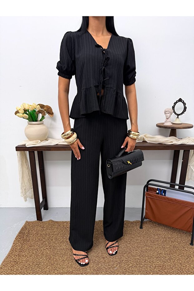 Drawstring Tie-Back Blouse and Pants Set