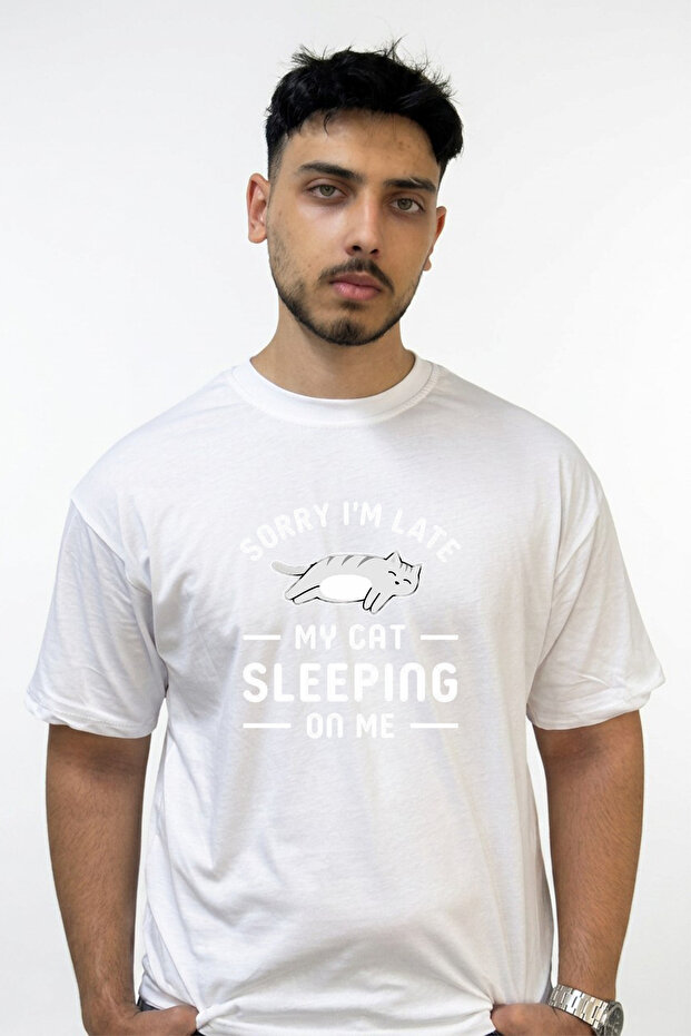 Cat Sleeping Design Printed Oversize White T-Shirt