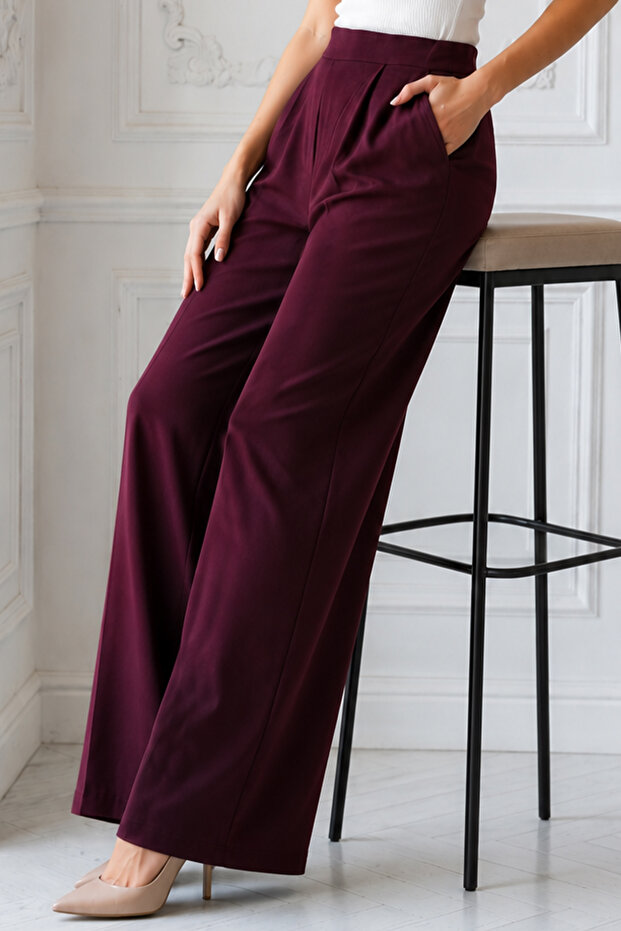 Pocketed Palazzo Trousers A11010 Claret Red