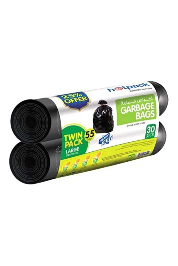 Disposable Strong & Bio-Degradable Heavy Duty Twin Pack Garbage Roll Large, 55 Gallon, 80x110cm, 30 Pieces Black