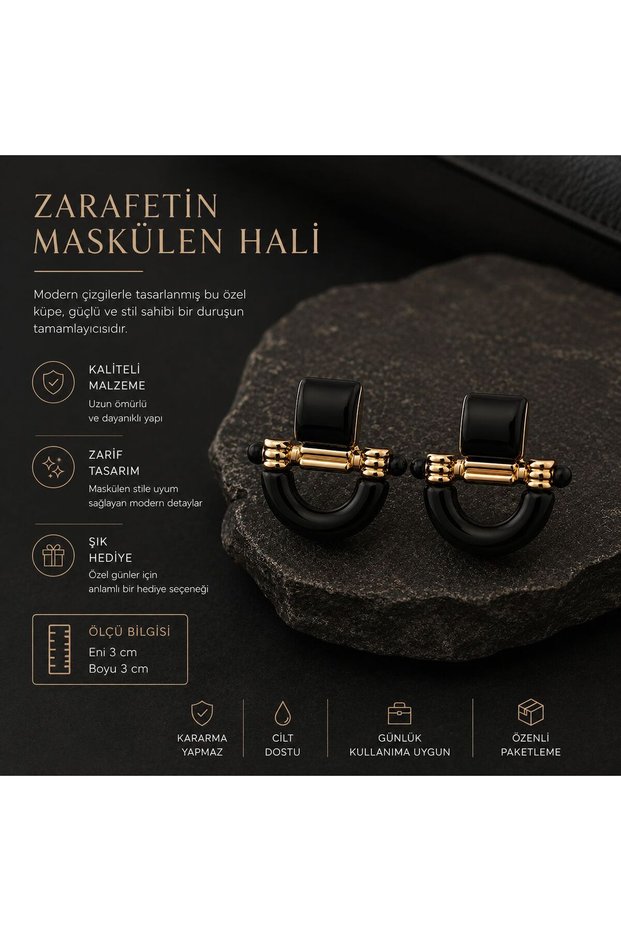 Gold Detailed Mask of Elegance Maskuline Aspect Black Earrings