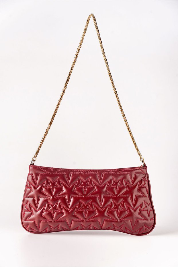 Women's Star Embroidered Zippered Chain Strap Hand and Shoulder Bag