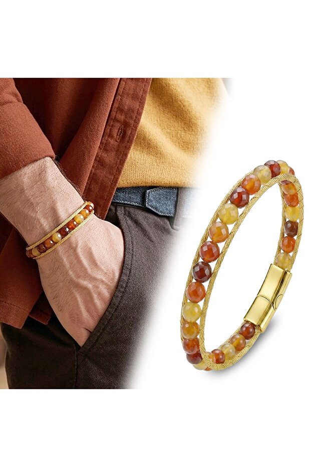 Steel Rope and Titanium Locking Faceted Agate Bracelet 18392B2Dh9