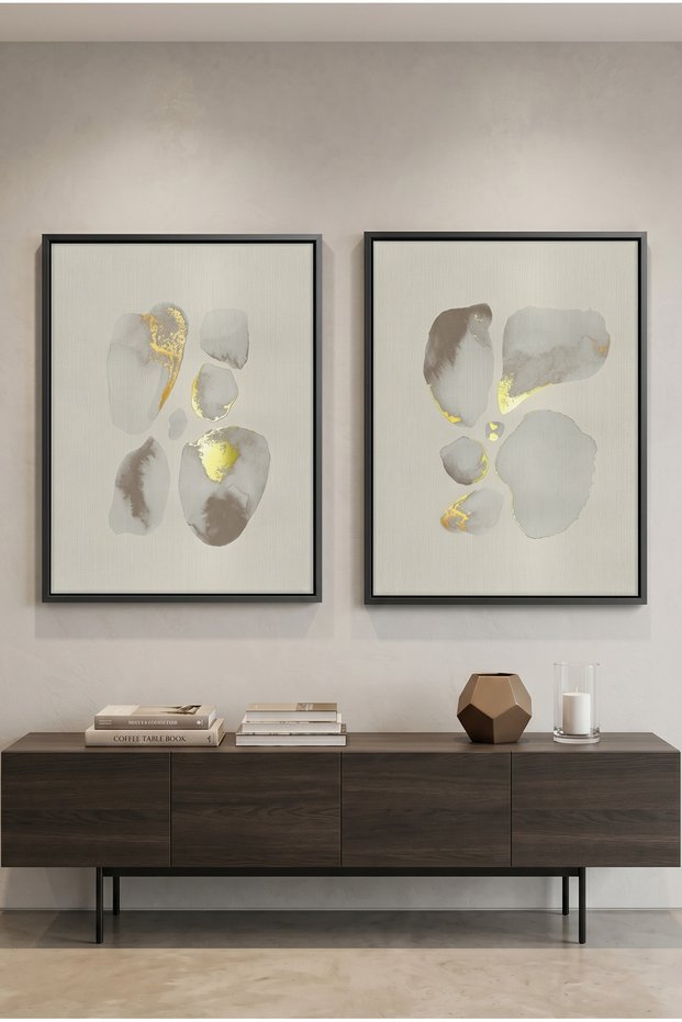 Geometric Earth Tones Islamic Wall Art | Framed Canvas Print with Gold Foil Embossed | Luxury Modern Decor for Living Room, Bedroom, Office & Gift (Set of 2)