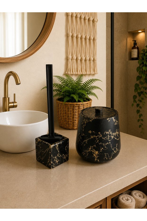 Decorative 2-Piece Bohemian Style Concrete Trash Can and Toilet Brush Holder Set Bathroom Set