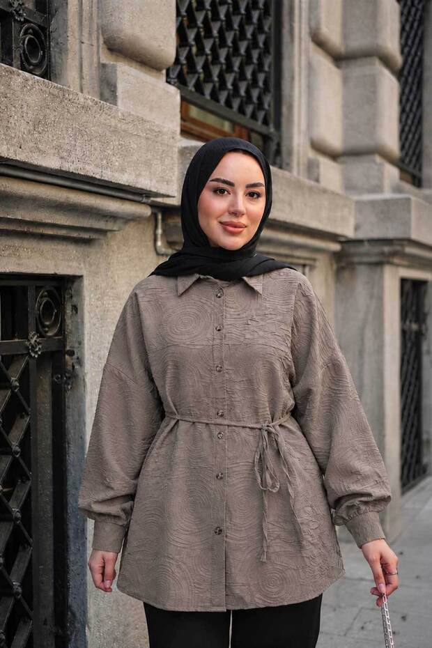 Women's Self-Patterned Waist Tie Embossed Detail Shirt Mink