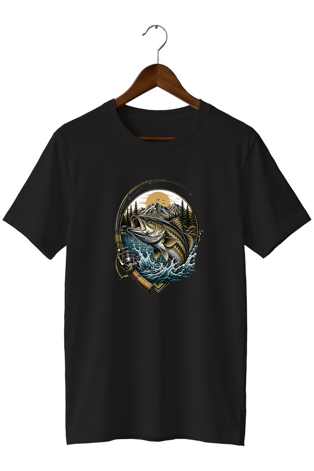 Fish Printed Unisex T-Shirt Fishing Outdoor Nature and Fishing Themed Crew Neck T-Shirt