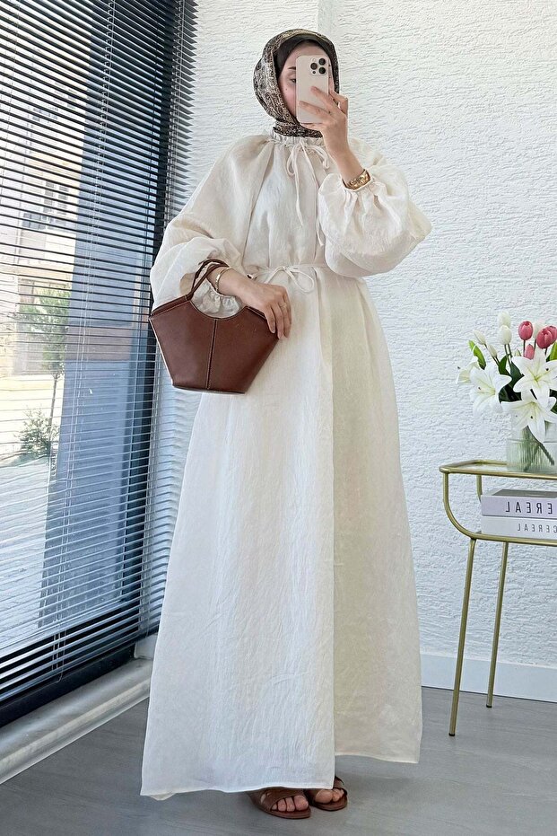 Premium Collar Gathered Balloon Sleeve Voile Dress - Ecru