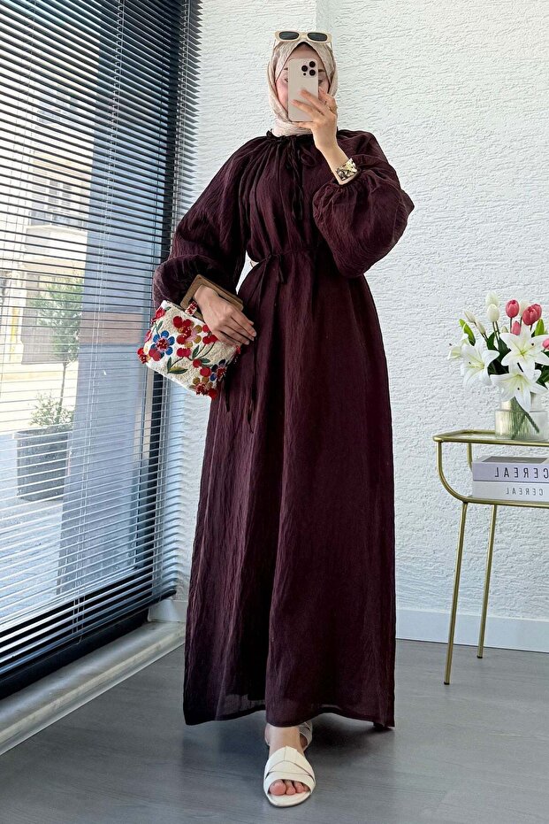 Premium Collar Gathered Balloon Sleeve Voile Dress - Plum
