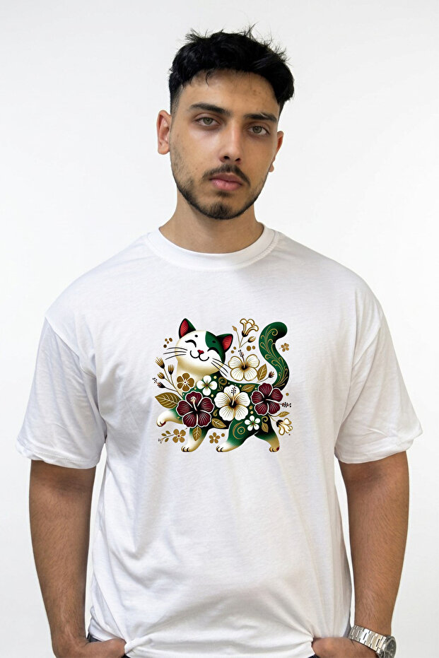 Cat Hibiscus Design Printed Oversize White T-Shirt