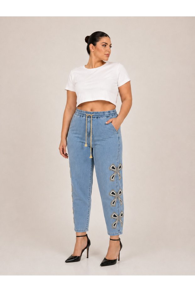 Plus Size High Waist Stone Detailed Lycra Elastic Waist Denim Mom Women's Trousers