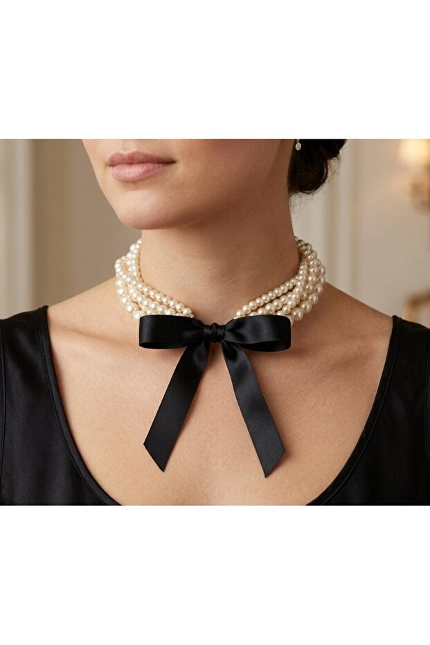 Elegant Black Bow Detailed Multi-Strand Pearl Necklace