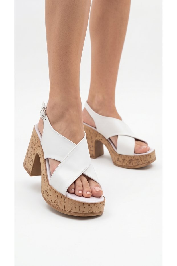 Cross Striped Open Front Women's High Straw Look Cork Wedge Heel Sandals Shoes